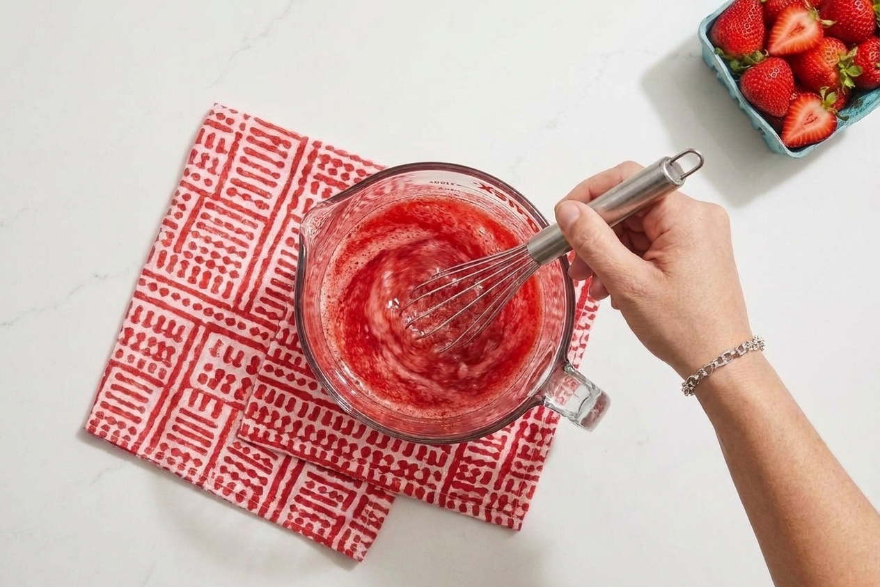 A glass measuring cup with bright red strawberry gelatin mixture being whisked on a kitchen counter
