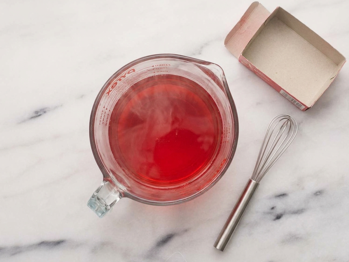 A glass measuring cup with strawberry gelatin dissolved in hot water on a kitchen counter