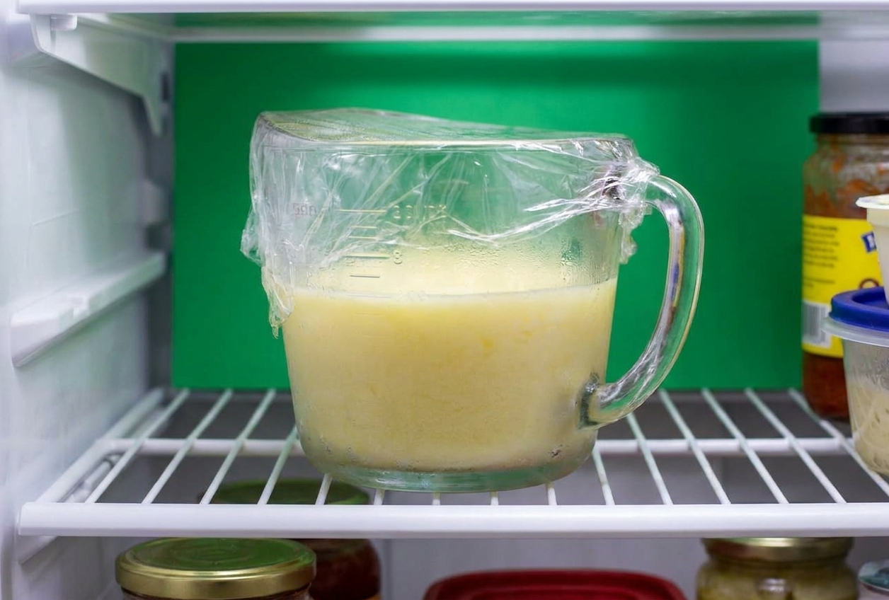 A glass measuring pitcher filled with pale yellow lemon sorbet base, covered and placed on a refrigerator shelf
