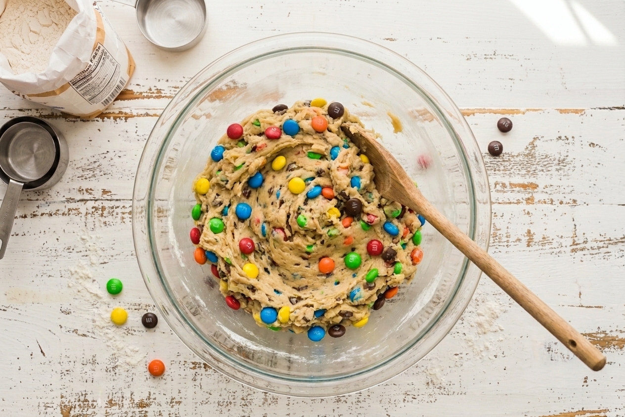 A glass mixing bowl filled with M&M cookie dough with colorful candies visible, sitting on a kitchen counter with a wooden spoon nearby