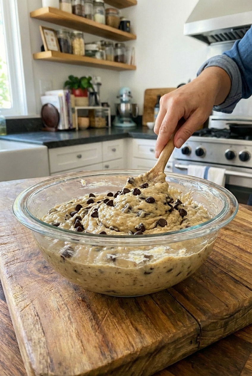 A glass mixing bowl filled with banana bread batter with chocolate chips being folded in with a spatula