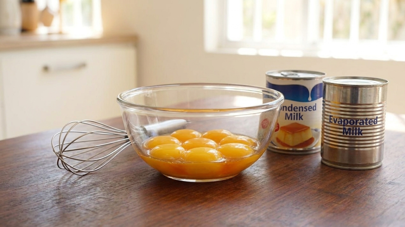 A glass mixing bowl filled with bright yellow egg yolks on a kitchen counter next to a whisk and cans of condensed and evaporated milk