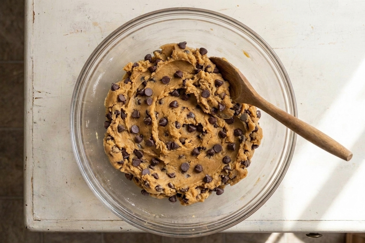 A glass mixing bowl filled with chocolate chip cookie dough, with chocolate chips visible and a wooden spoon resting on the rim on a kitchen counter