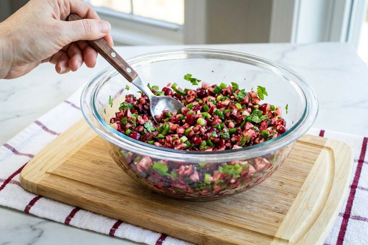 A glass mixing bowl filled with chopped cranberries, jalapeño, scallions, and cilantro being stirred with a spoon on a kitchen counter