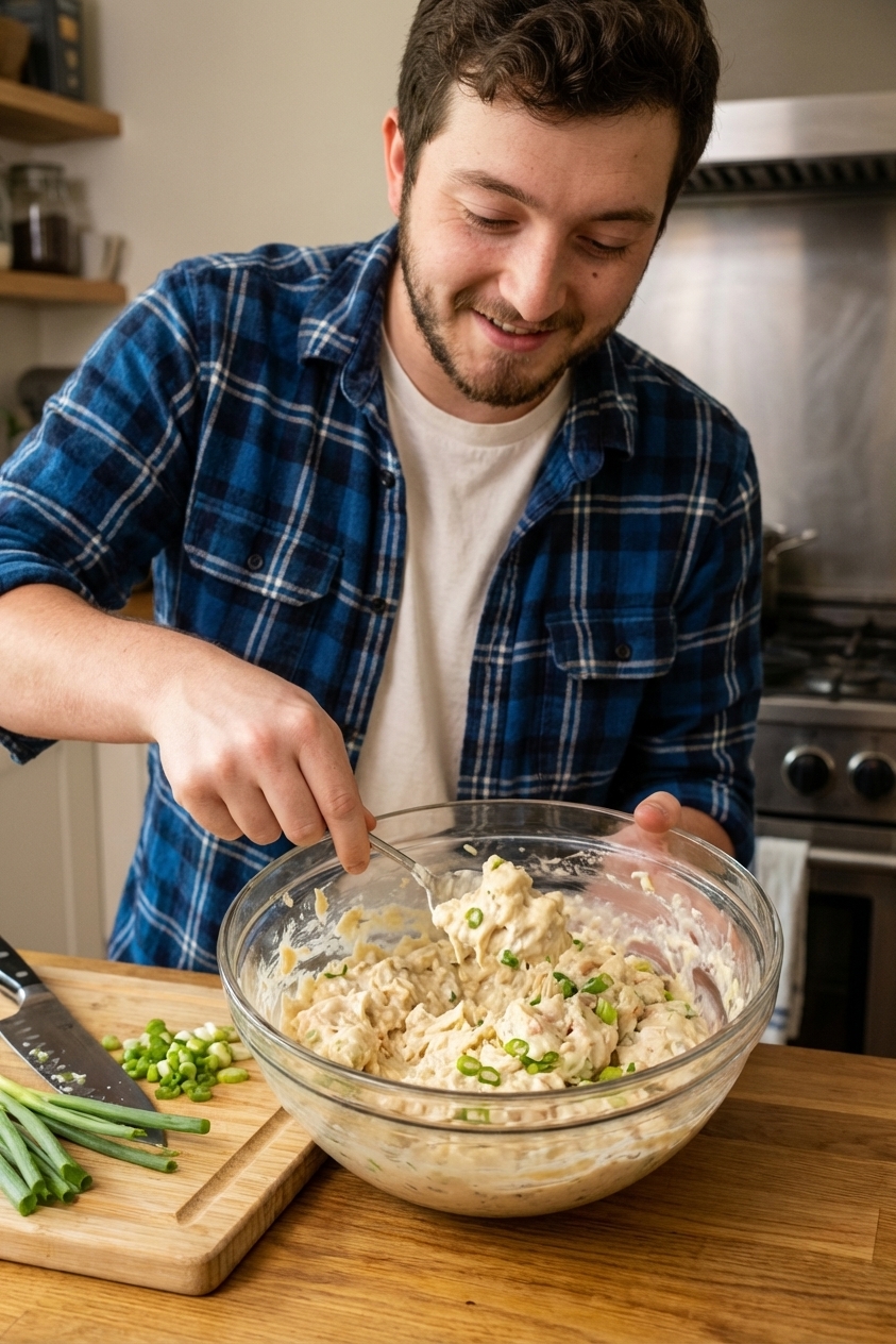 A glass mixing bowl filled with creamy crab rangoon filling with visible crab pieces and sliced scallions, a spoon resting in the bowl on a kitchen counter, photorealistic food photography