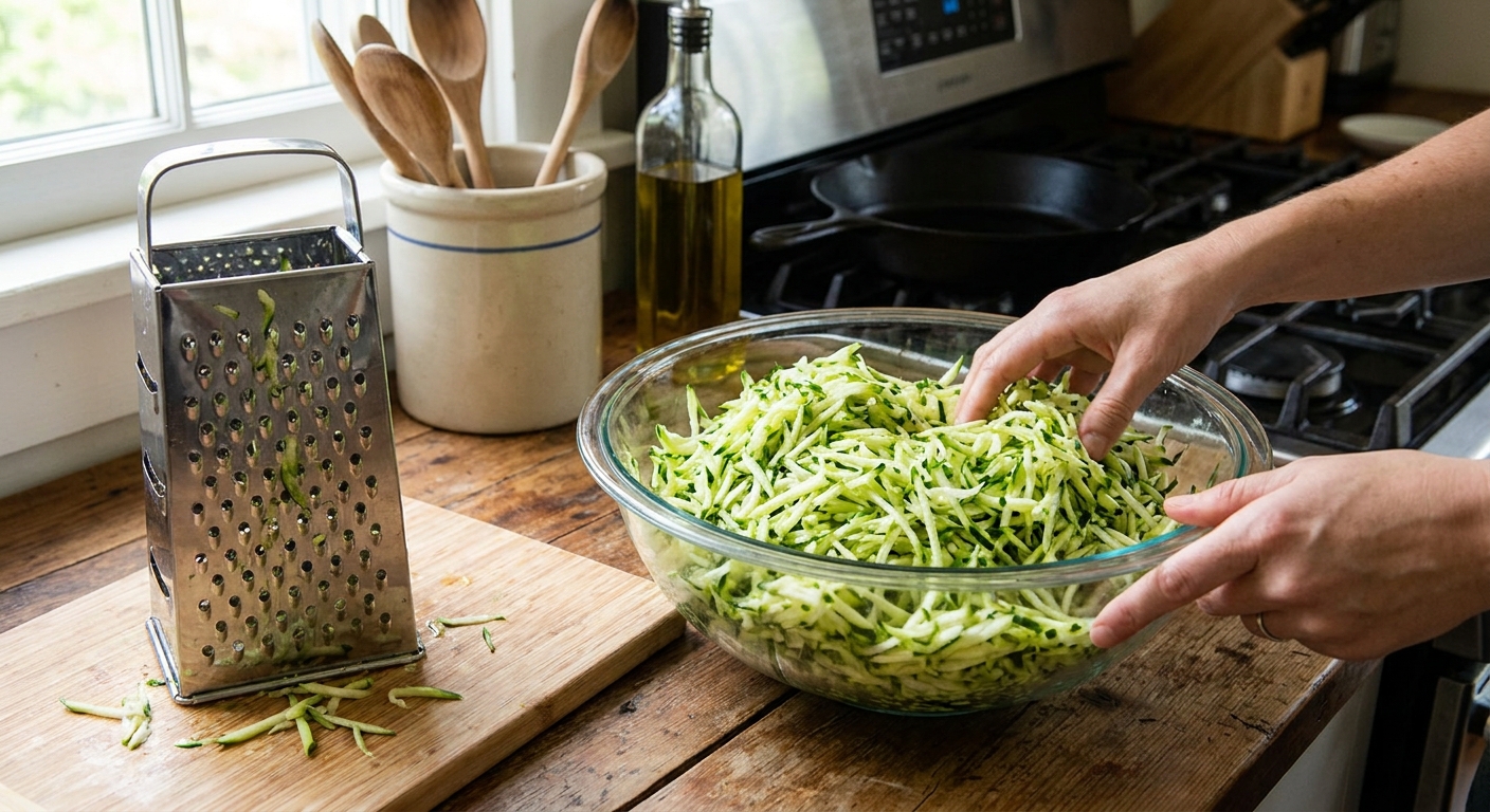 A glass mixing bowl filled with freshly shredded zucchini on a kitchen counter, with a box grater nearby