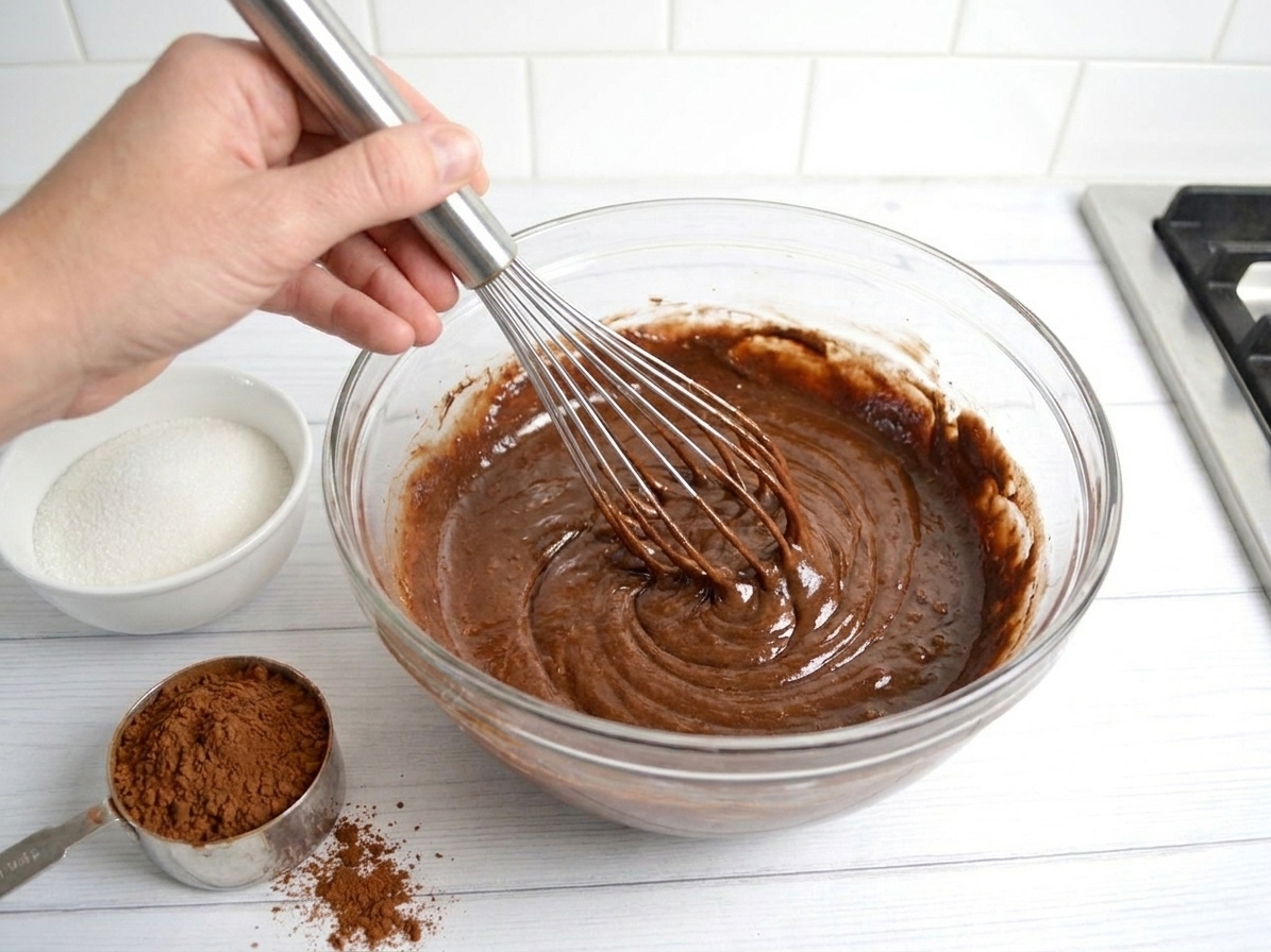 A glass mixing bowl filled with glossy cocoa brownie batter being whisked, with cocoa powder and sugar nearby