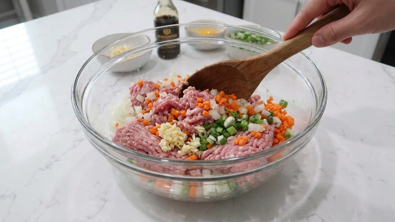 A glass mixing bowl filled with ground pork, minced carrots, onions, garlic, and green onions being mixed together on a kitchen counter