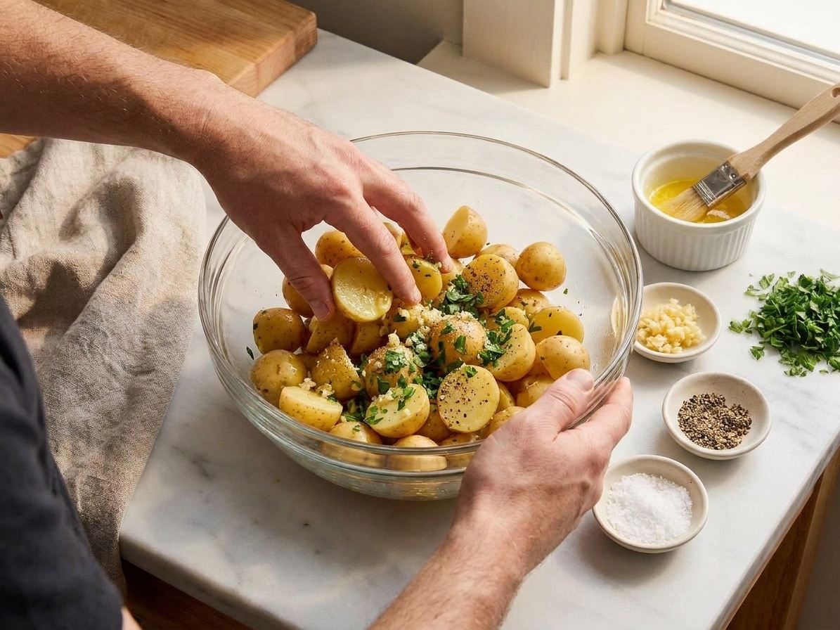 A glass mixing bowl filled with halved baby potatoes being tossed with melted butter, garlic, and seasonings on a light kitchen counter