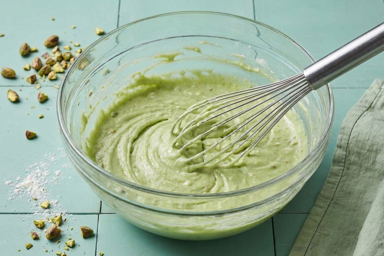 A glass mixing bowl filled with pale green pistachio cake batter with a whisk resting inside on a kitchen counter
