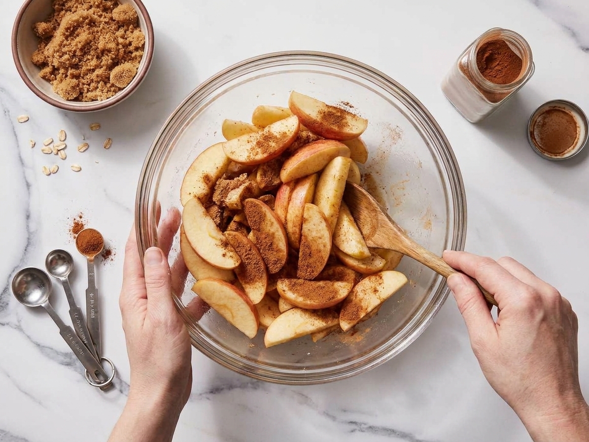 A glass mixing bowl filled with sliced apples tossed with cinnamon and brown sugar on a neutral kitchen counter, with measuring spoons nearby