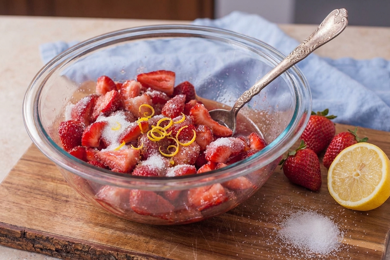 A glass mixing bowl filled with sliced strawberries, sugar, and lemon zest on a wooden cutting board