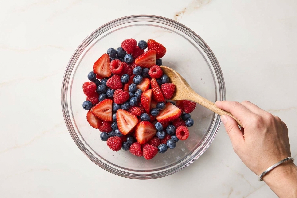 A glass mixing bowl filled with sliced strawberries, blueberries, and raspberries being gently tossed with a spoon on a kitchen counter