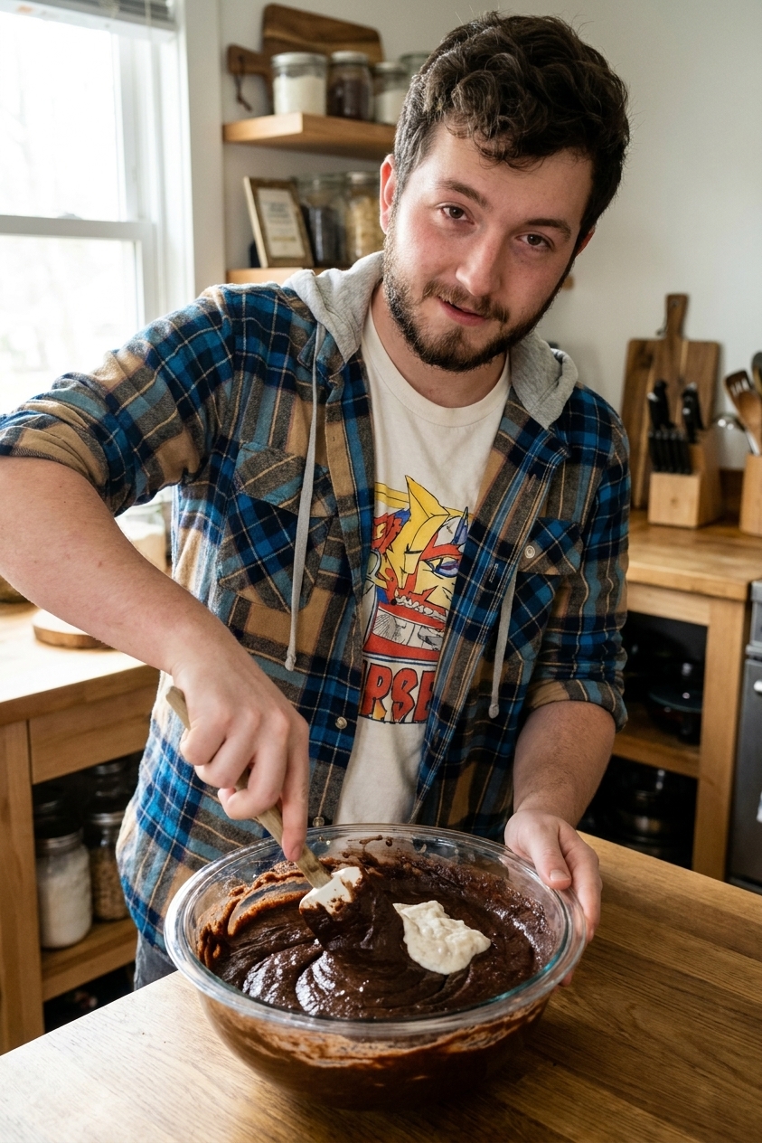 A glass mixing bowl filled with thick chocolate cake batter with sourdough discard being folded in using a spatula, photographed on a wooden table in natural light