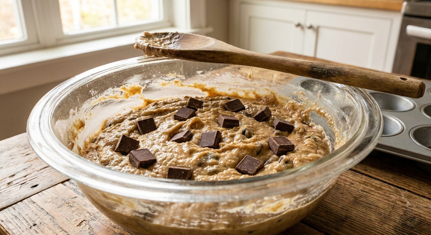 A glass mixing bowl filled with thick muffin batter studded with chocolate chunks on a kitchen counter, with a wooden spoon resting on the rim