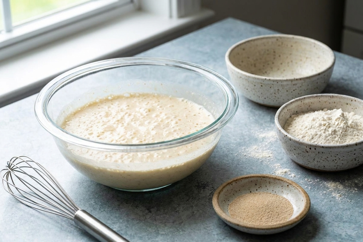 A glass mixing bowl of blini batter resting on a kitchen counter next to a whisk, flour, and a small dish of yeast