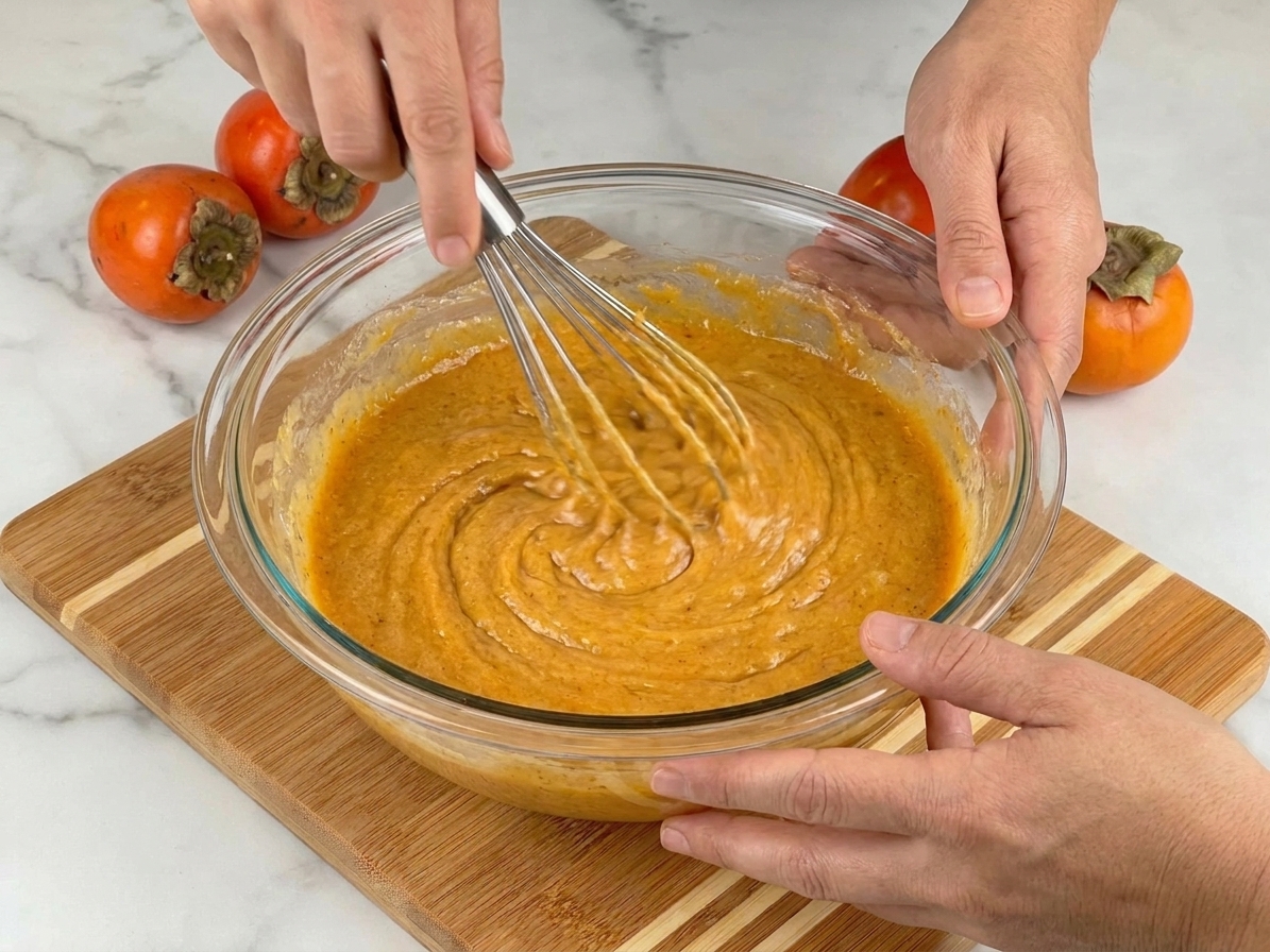 A glass mixing bowl of orange-tinted persimmon bread batter being stirred with a whisk on a stone countertop