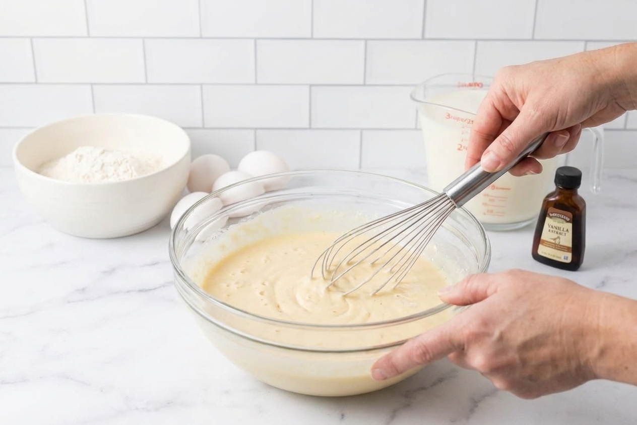A glass mixing bowl of pale pancake batter being whisked on a stone kitchen counter with flour, eggs, milk, and vanilla nearby
