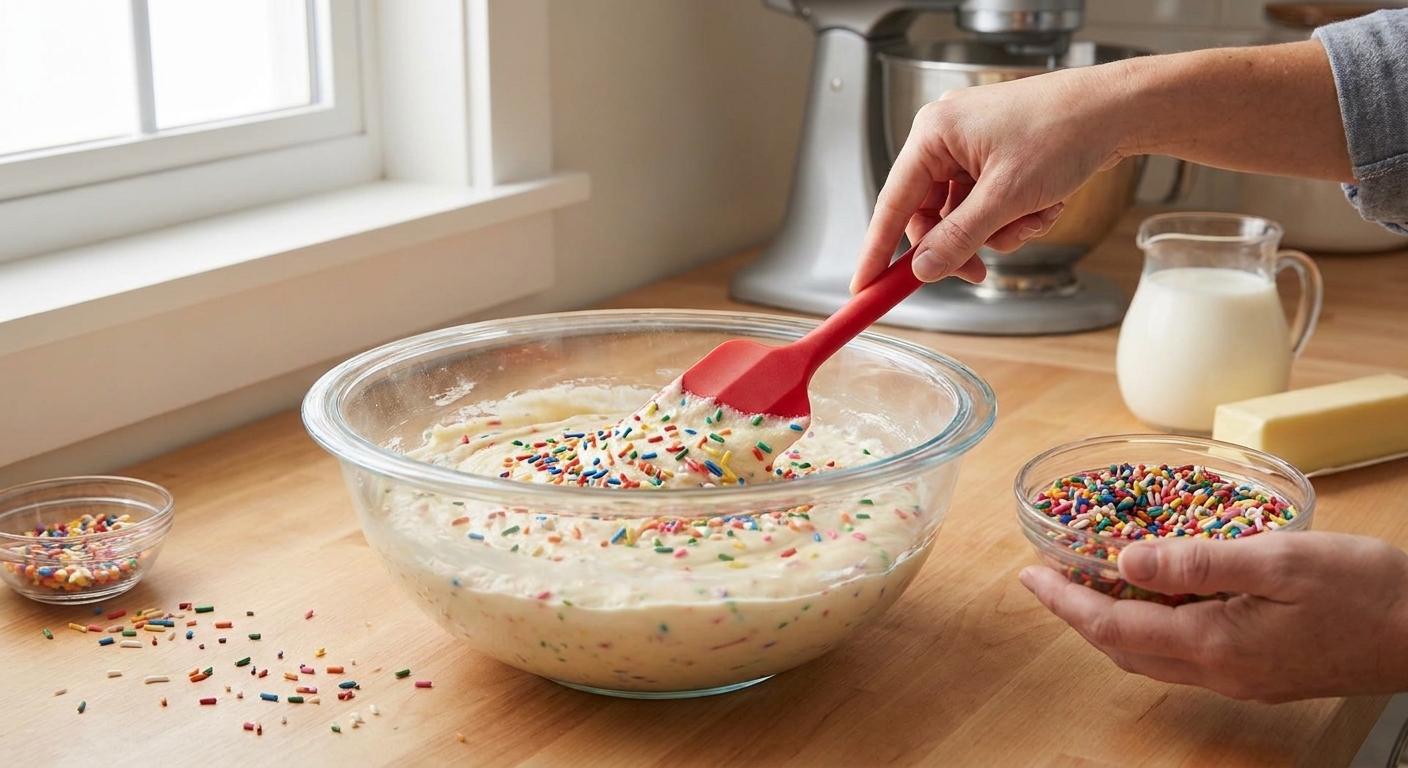 A glass mixing bowl of pale vanilla cake batter on a kitchen counter with rainbow jimmies being folded in using a rubber spatula