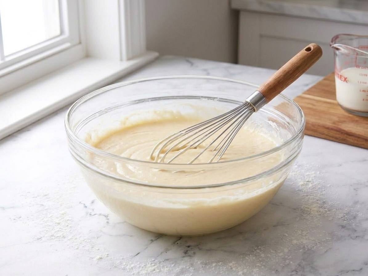 A glass mixing bowl of pale vanilla cake batter with a whisk resting inside on a wooden kitchen counter