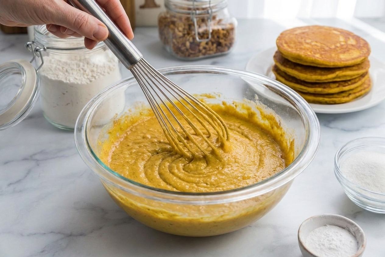 A glass mixing bowl of pancake batter being whisked on a light colored kitchen counter with flour, sugar, and baking powder nearby
