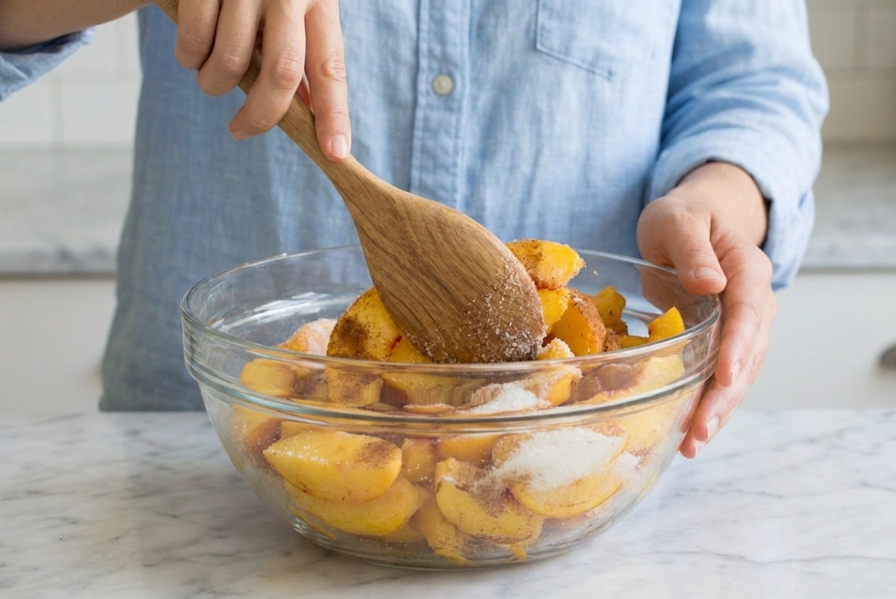 A glass mixing bowl of sliced peaches being tossed with sugar and cinnamon using a wooden spoon on a kitchen counter