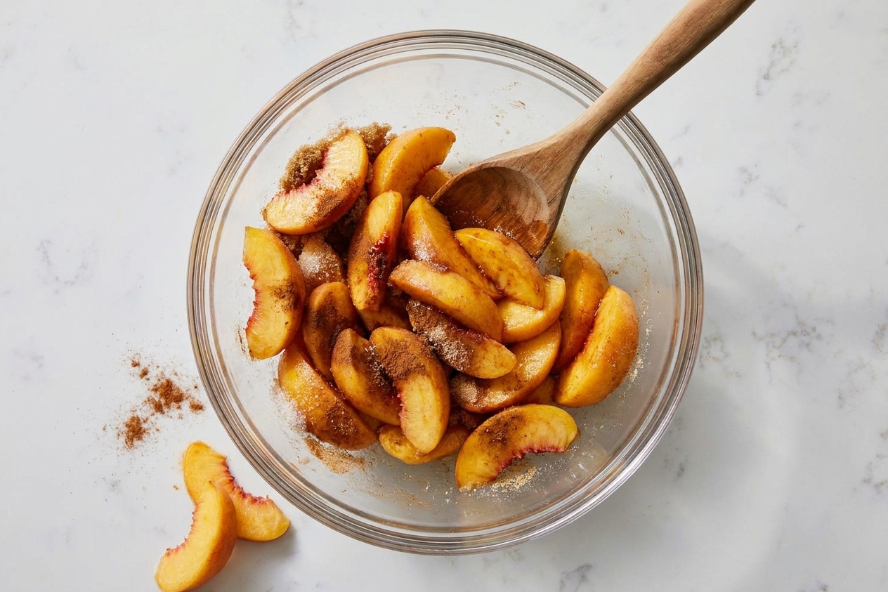 A glass mixing bowl of sliced peaches being tossed with sugar and cinnamon using a wooden spoon on a kitchen counter