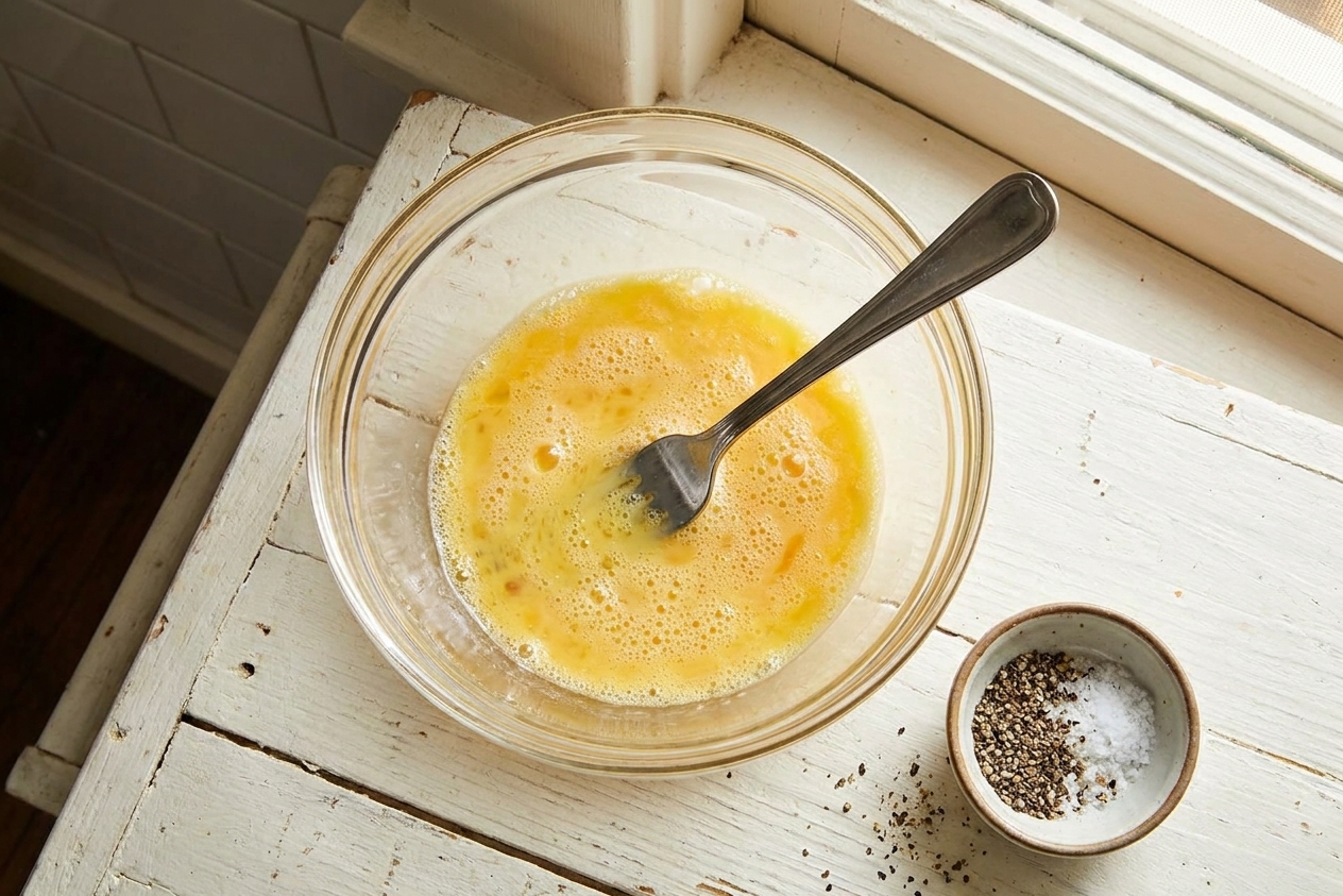 A glass mixing bowl of whisked eggs with a fork on a kitchen counter next to a small bowl of salt and pepper