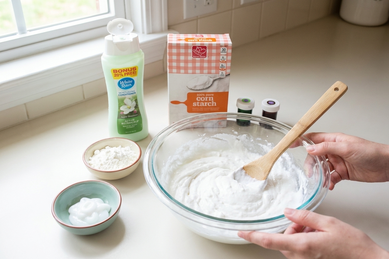 A glass mixing bowl on a bright kitchen counter filled with fluffy white slime made from cornstarch and conditioner, with a spoon and two small ingredient bowls nearby, natural window light