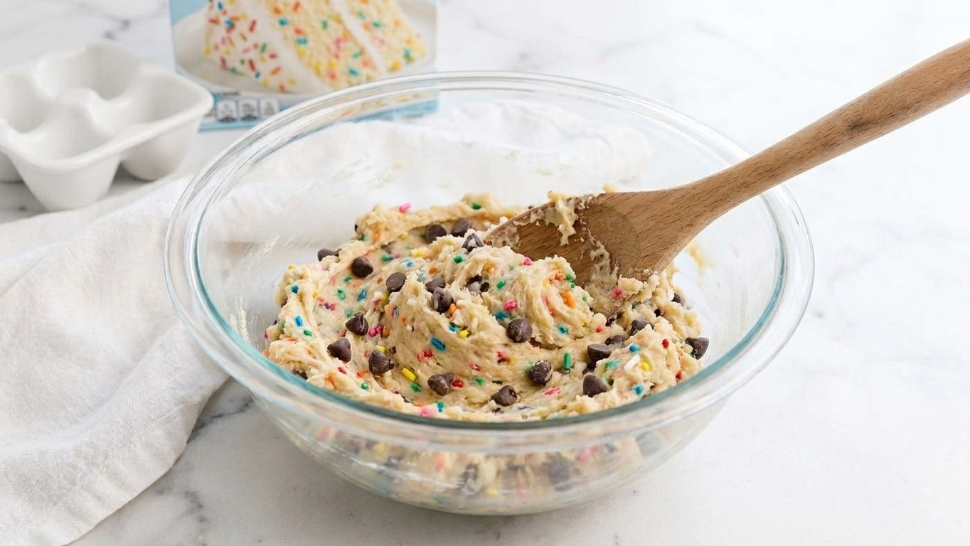 A glass mixing bowl on a kitchen counter filled with thick cake mix cookie dough, with a wooden spoon resting inside