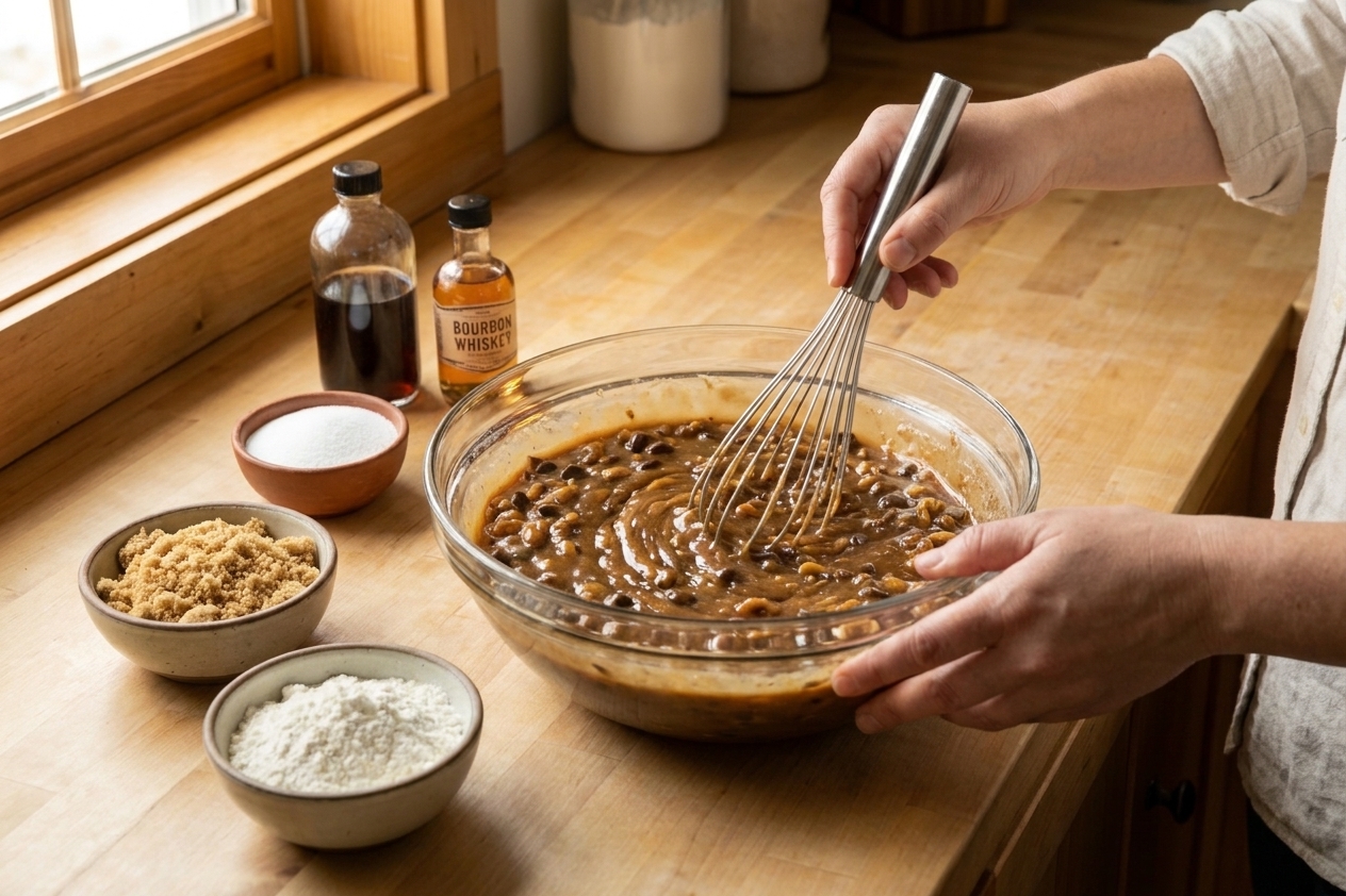 A glass mixing bowl on a kitchen counter with Derby-style pie filling being whisked until glossy, with measured sugars and flour nearby