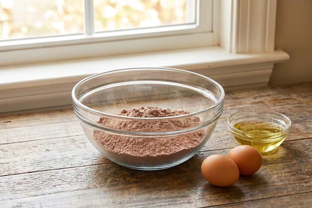 A glass mixing bowl on a kitchen counter with brownie mix, two eggs, and a small bowl of vegetable oil set beside it