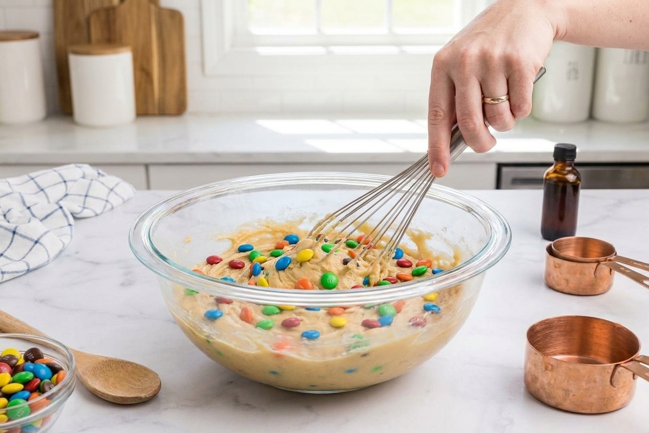 A glass mixing bowl on a kitchen counter with cookie dough being stirred and colorful M&Ms visible throughout the dough