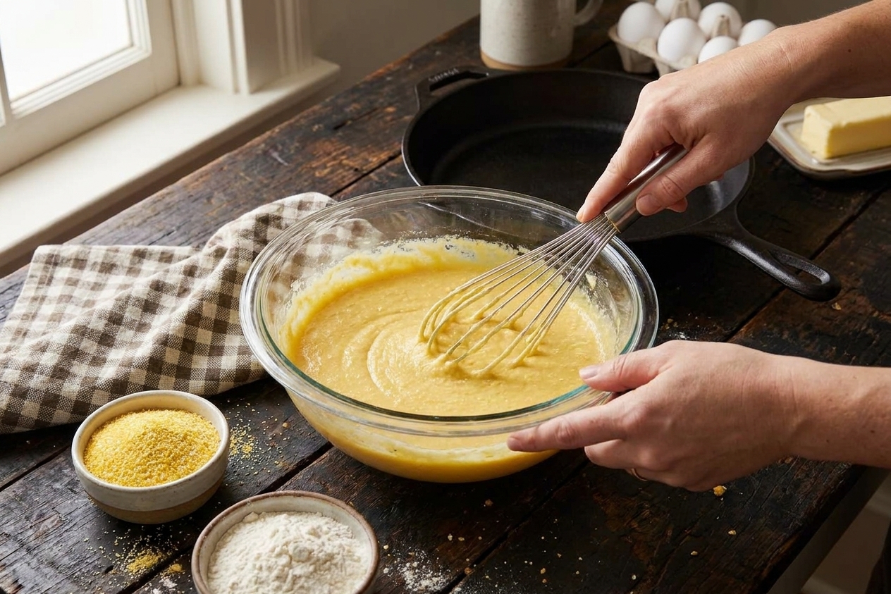 A glass mixing bowl on a kitchen counter with corn bread batter being whisked smooth, with cornmeal and flour nearby in small bowls