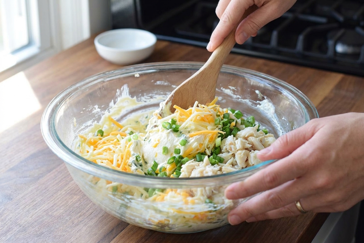A glass mixing bowl on a kitchen counter with cream cheese, shredded cheese, green onions, and crab being folded together with a spatula