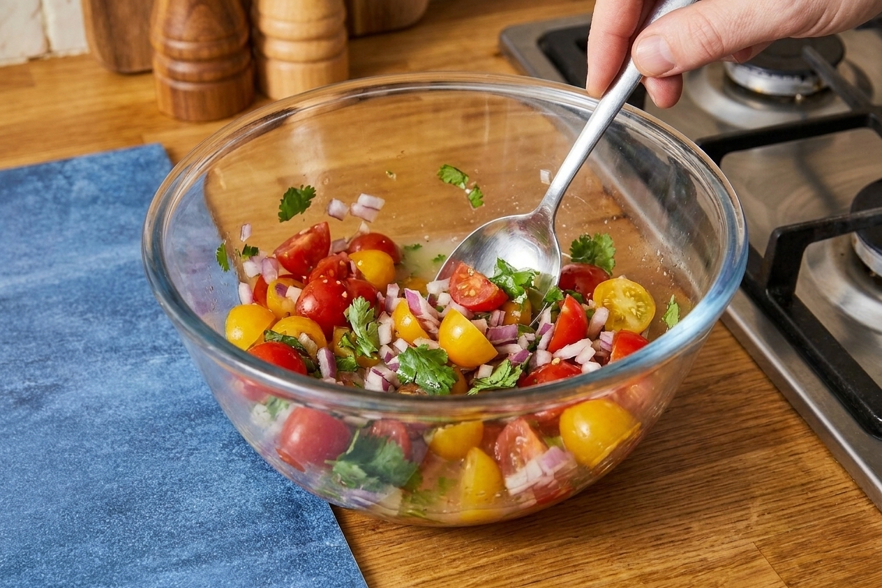 A glass mixing bowl on a kitchen counter with diced tomatoes, red onion, cilantro, and lime juice being stirred together with a spoon