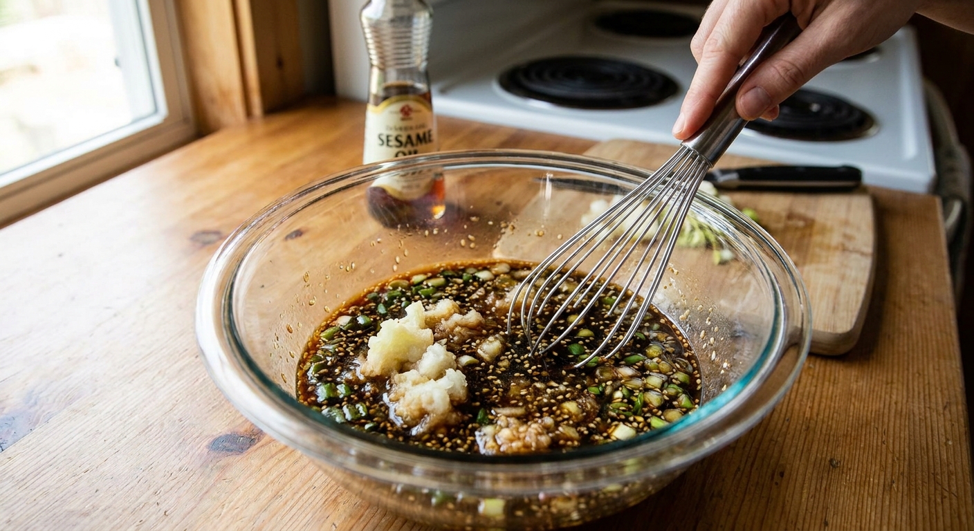 A glass mixing bowl on a kitchen counter with kalbi marinade being whisked, showing grated pear, soy sauce, and sliced scallions