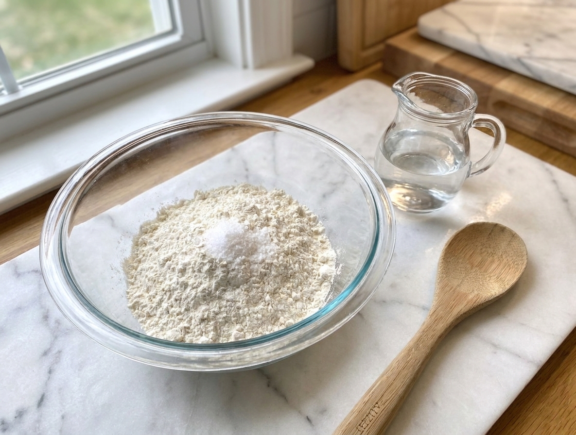 A glass mixing bowl on a kitchen counter with measured flour and salt, a small pitcher of water nearby, and a wooden spoon ready to stir