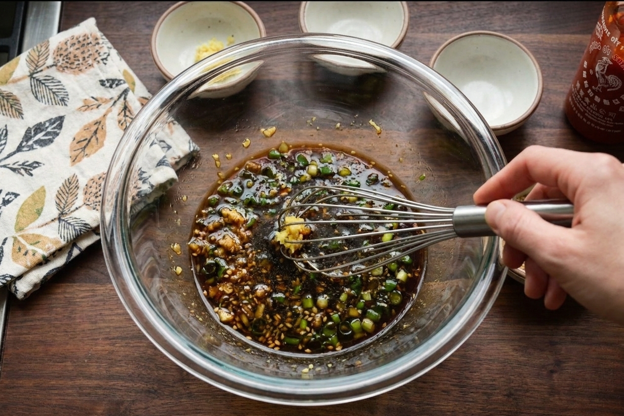 A glass mixing bowl on a kitchen counter with soy sauce, sesame oil, rice vinegar, grated ginger, and sliced scallions being whisked into a poke marinade