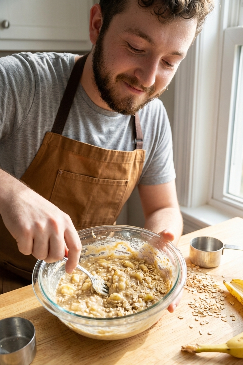 A glass mixing bowl with banana oat pancake batter and a fork resting inside, mashed banana pieces visible, oats scattered on the countertop, natural kitchen light, realistic food photography