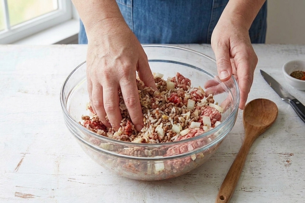 A glass mixing bowl with beef and rice filling being gently mixed by hand on a kitchen counter