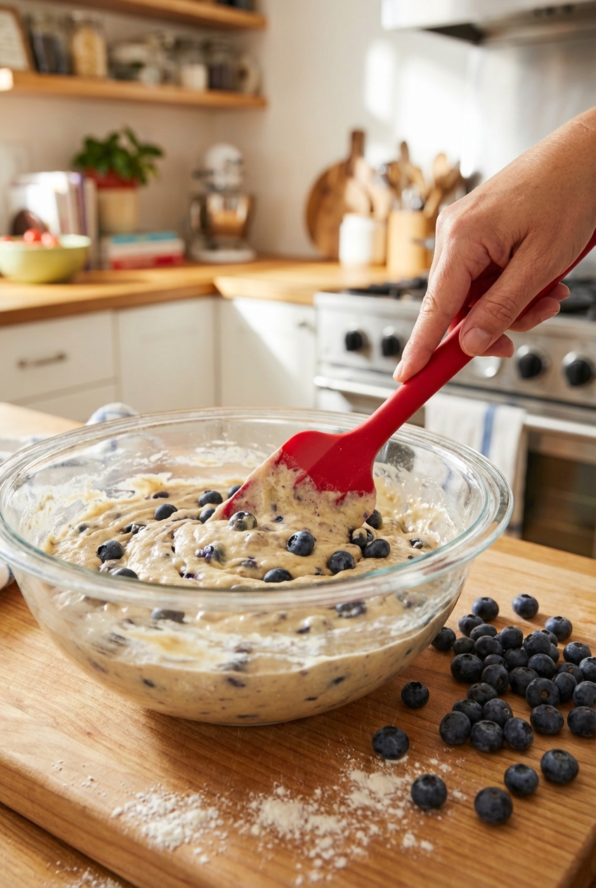 A glass mixing bowl with blueberry bread batter being folded with a spatula, fresh blueberries scattered nearby