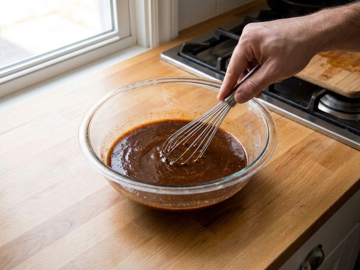 A glass mixing bowl with brisket braising sauce being whisked until smooth on a kitchen counter