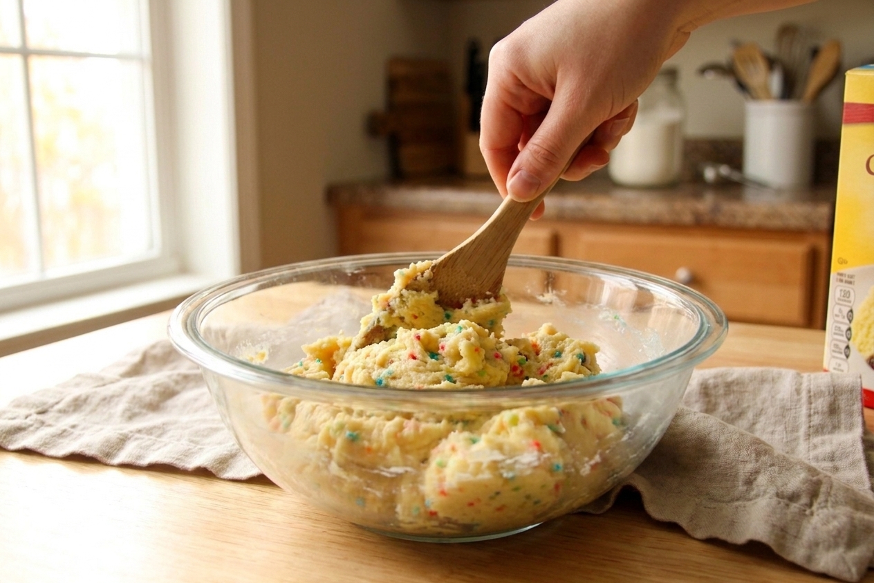 A glass mixing bowl with cake mix cookie dough being stirred with a spatula on a light kitchen counter