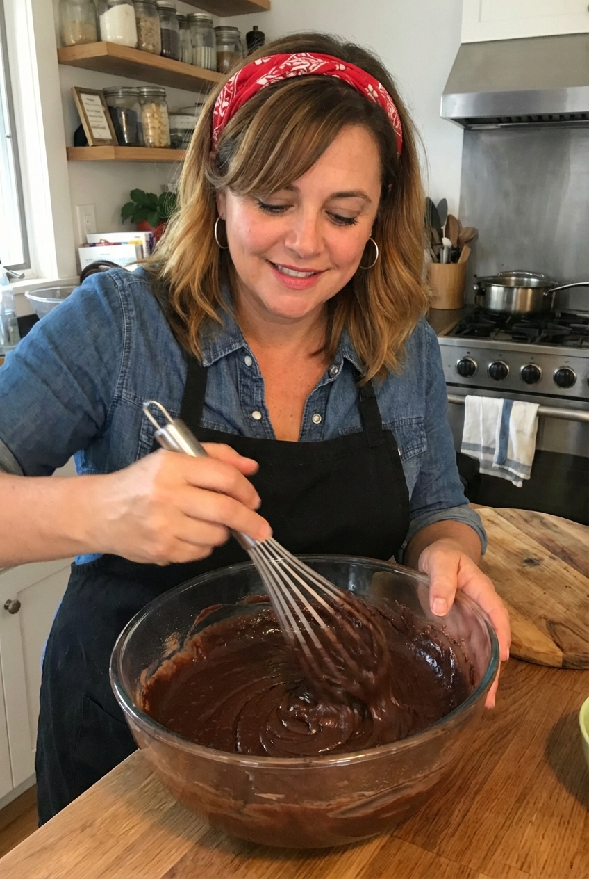 A glass mixing bowl with chocolate cake batter being whisked by hand on a kitchen counter