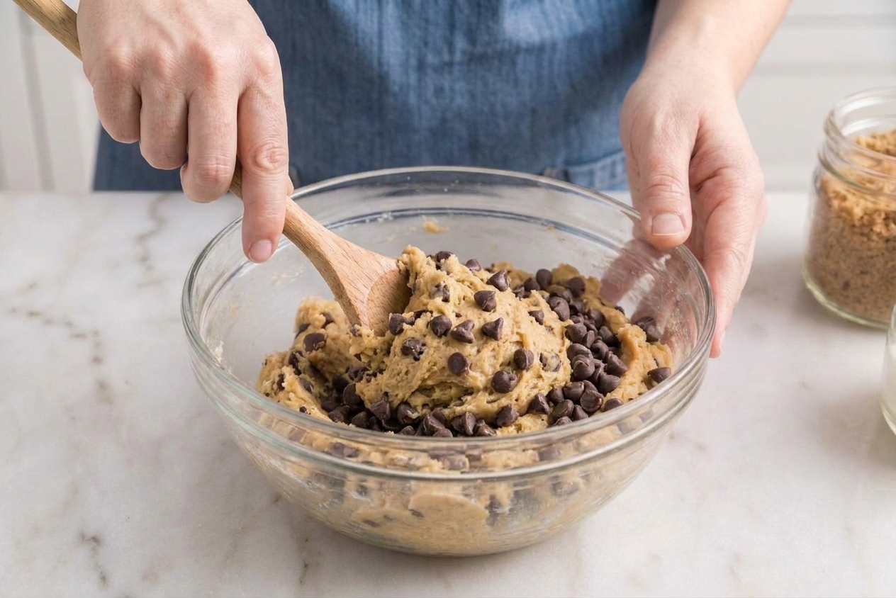 A glass mixing bowl with chocolate chip cookie dough being stirred with a wooden spoon on a kitchen counter