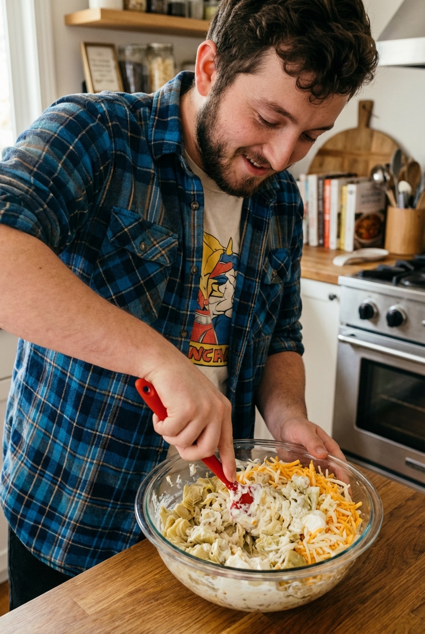 A glass mixing bowl with chopped artichoke hearts, cream cheese, sour cream, and shredded cheese being stirred with a spatula