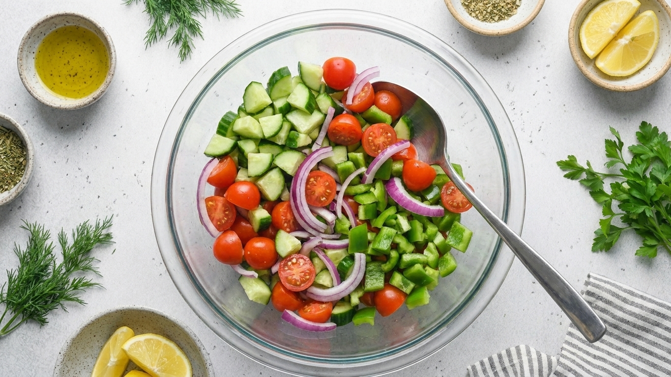 A glass mixing bowl with chopped cucumber, halved cherry tomatoes, sliced red onion, and chopped bell pepper ready to be tossed