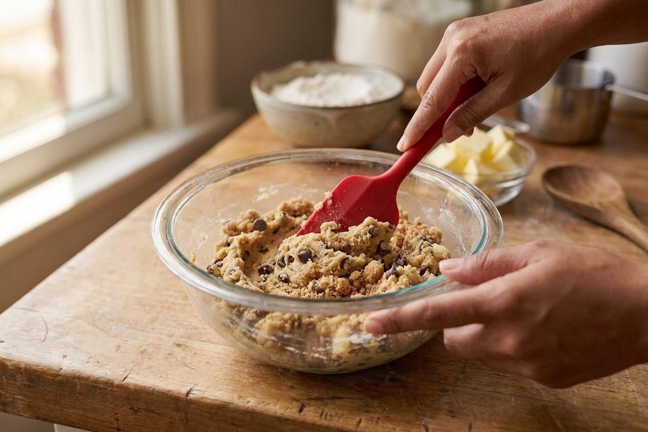 A glass mixing bowl with cookie dough being stirred with a rubber spatula on a home kitchen counter