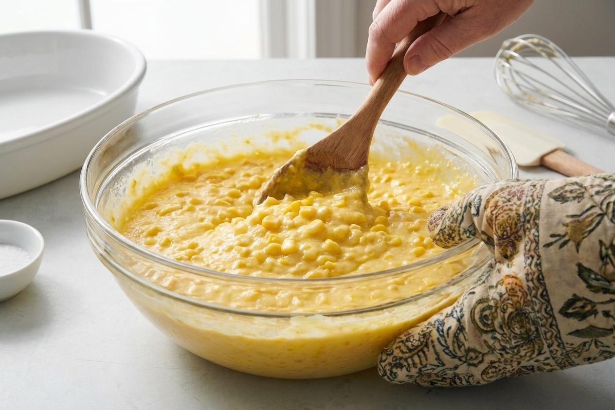 A glass mixing bowl with corn soufflé casserole batter being stirred with a wooden spoon, corn kernels visible in the thick yellow mixture on a kitchen counter